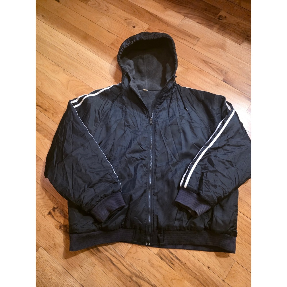 Mens Reversible Hooded Bomber Jacket Black Windbreaker Grey Fleece Striped XL